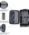 Open Travelpro Platinum Elite softside carry-on luggage, 21-inch, shadow black, 8-wheel spinner; interior with mesh pockets and drop-in suiter