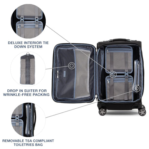 Open Travelpro Platinum Elite softside carry-on luggage, 21-inch, shadow black, 8-wheel spinner; interior with mesh pockets and drop-in suiter