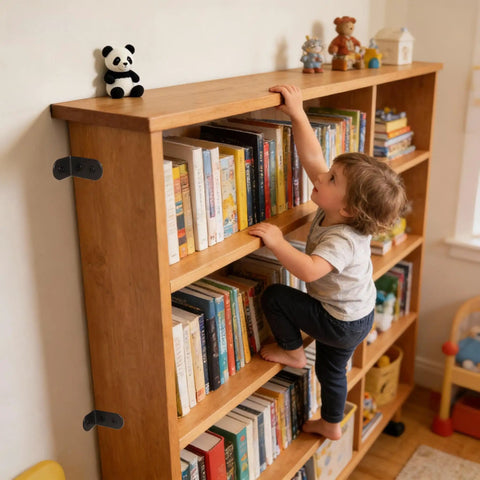 Child climbing bookcase secured with Anti Tip Furniture Anchor Kit For Baby Proofing Dresser And Bookcase, Easy Wall Mount With Two Installation Methods And Safety Straps To Secure Furniture To Wall, Black.