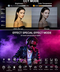 Split image of Magnetic RGB LED Light Wand Pro demonstrating color temperature effects and special effects modes with purple smoke.