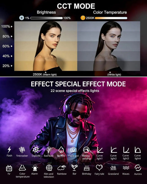 Split image of Magnetic RGB LED Light Wand Pro demonstrating color temperature effects and special effects modes with purple smoke.