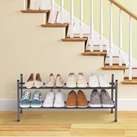 Expandable Shoe Rack For Closet And Entryway, Metal 8 Pairs Stackable Organizer with shoes in hallway, adjustable 2 tier shelves