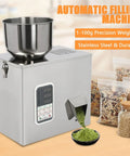 Top Shelf Automatic Filling Machine For Grains And Seeds Straight Up Fast Two To Five Second Bag Packing For Coffee Beans And Spices Dead On One Hundred Gram Dispenser Built Heavy Duty featuring stainless steel design and precision digital display.