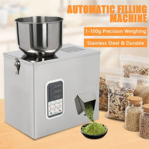 Top Shelf Automatic Filling Machine For Grains And Seeds Straight Up Fast Two To Five Second Bag Packing For Coffee Beans And Spices Dead On One Hundred Gram Dispenser Built Heavy Duty featuring stainless steel design and precision digital display.