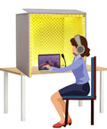 Portable Tabletop Soundproof Microphone Booth Cube With Heavy Duty Acoustic Foam Noise Isolating Cover Fold Flat Vocal Shield For Clean Vocals Podcast Creator Gear used by a woman at a desk.