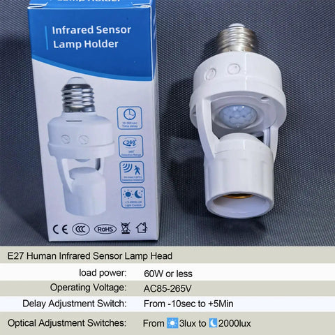 PIR Motion Sensor Light Socket E26 E27 Smart Lamp Holder Auto On Off For Garage Basement Porch And Storage Room, No Tools Needed, Easy Screw In Install, Turns Any Bulb Into Motion Activated Lighting, 1 Pack, white E27 sensor lamp holder