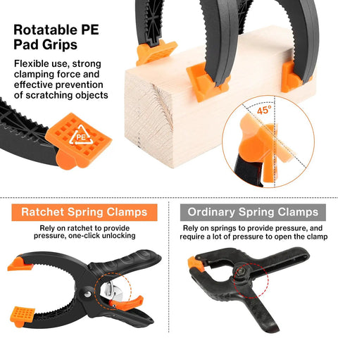 Six Inch Ratchet Clamps 4 Pack Heavy Duty Quick Release Woodworking Clamps With 5mm To 55mm Adjustable Range And 65mm Throat Reinforced Nylon Body And Aluminum Alloy Construction, showing clamping features and PE pad grips.