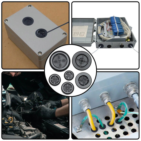 DIY Ready All In One Rubber Grommet Kit For Wiring With 51 Black Grommets In Six Hole Sizes; various applications in use