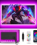 LED TV Backlight Kit For 32 To 43 Inch Screens With Nine Point Eight Foot USB Powered LED Strip That Syncs With Your TV Remote And Bluetooth App DuoCo Strip Control For Dope Mood Lighting And Easy Setup showcasing colorful lights behind a mounted TV with remote and app interface.