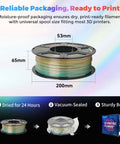 Silk PLA Filament 1.75mm, 1Kg Spool For 3D Printing showing moisture-proof packaging and spool dimensions.