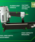 Wide Crown Pneumatic Stapler For Fast Framing And Lathing Projects Lightweight 16 Gauge Nailer with features labeled