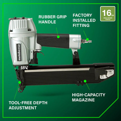 Wide Crown Pneumatic Stapler For Fast Framing And Lathing Projects Lightweight 16 Gauge Nailer with features labeled