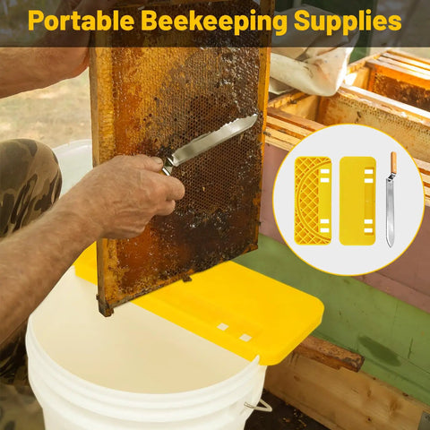 Beekeeping Uncapping Kit With Tank Holder And Plastic Scraper Tool Serrated Knife Set for Uncapping Honey Frames shown in use.