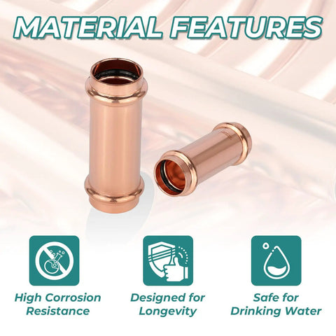 Material features of 40 Pack 2 Inch X 2 Inch Copper Press Extended Couplings showing high corrosion resistance and durability.