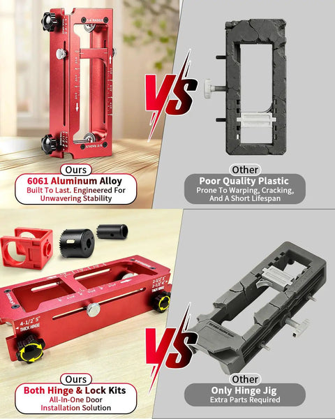 Heavy Duty Door Hinge Jig And Top Shelf Lock Installation Kit Crafted From Solid Aluminum Mortise Template compared to plastic version.