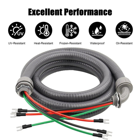 Half Inch AC Whip Assembly Kit 8 Ft Non Metallic Liquid Tight Conduit With 10/3 THHN Wire for outdoor use, UV, heat, water resistant