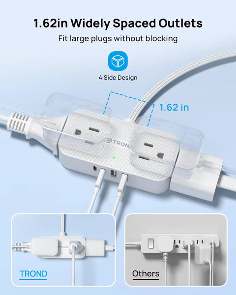 Flat Plug Power Strip With 8 In 1 USB Ports And Wall Mount 4 AC Outlets 2 USB C 2 USB A 5 Foot Extension Cord 1250 Watt Surge Protector for Home Office Dorm White shown with cables connected