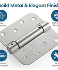 Heavy Duty 4 Inch Self Closing Door Hinges 2 Pack Featuring Adjustable Spring Tension And A Sleek Satin Nickel Finish shown with rust resistant finish and installation features.