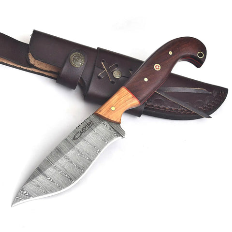 Custom Handmade Damascus Fixed Blade Knife 10 Inch With Rosewood And Olive Wood Handle Full Tang Badass Black Leather Sheath