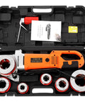 Heavy Duty Electric Pipe Threader Built Tough As Nails With 2300W Copper Motor And Six Piece Die Set Corded Threading Kit in case.