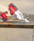 Brilliant 21V Cordless Shear For Sheet Metal Heavy Duty Electric Cutter cutting through metal panel with ease.