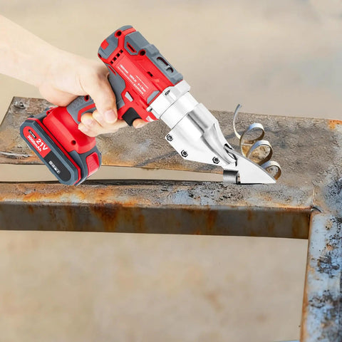 Brilliant 21V Cordless Shear For Sheet Metal Heavy Duty Electric Cutter cutting through metal panel with ease.