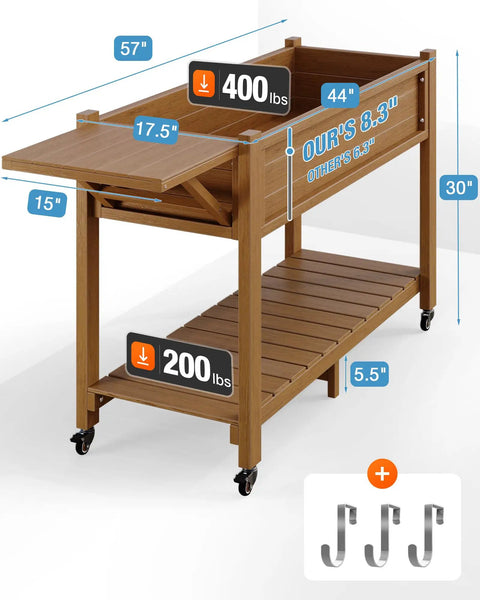 Raised Garden Bed On Legs With Wheels 57x18x30 Inches 400Lb Weight Capacity Waterproof Planter Box Weather Resistant With Storage Shelf Ergonomic 30 Inch Height Avoid Bending Easy Move With Brakes For Deck Patio Porch Teak