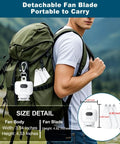 Portable Camping Ceiling Fan With Light And 8000mAh Rechargeable Battery, image of fan dimensions shown on a backpack outdoors