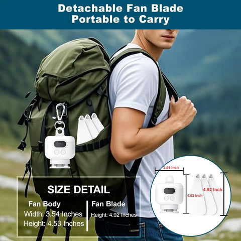 Portable Camping Ceiling Fan With Light And 8000mAh Rechargeable Battery, image of fan dimensions shown on a backpack outdoors