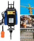 Heavy Duty Electric Chain Hoist, 1100 Lb Capacity With 1800 Watt Motor, remote and steel hook in workshop setting.