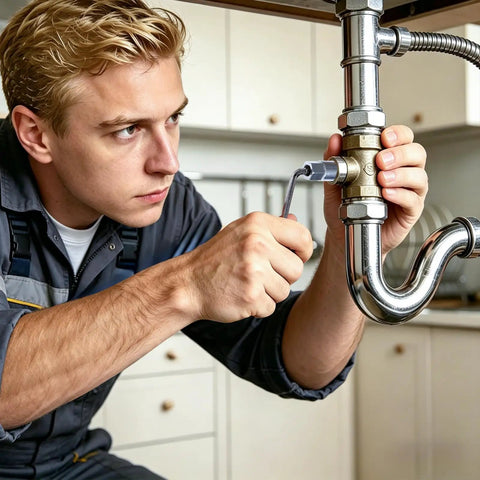 Close-up of a plumber using Super Tough Heavy Duty Forged Steel Thread Retapper And Broken Bolt Extractor on pipes.