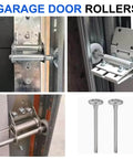 Beefed-Up 1.8-Inch Steel Garage Door Rollers Set For 2-Inch Track Replacement, showing front and installed views on track.