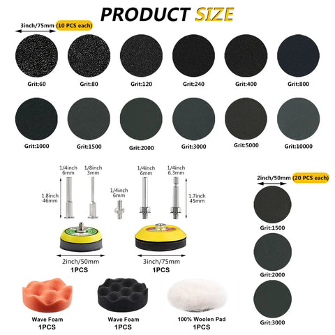 All In One 192 Pack Wet Dry Sanding Discs Kit For Rotary Tools With 3 Inch And 2 Inch Discs, grit variety sizes displayed