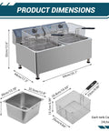 Product dimensions of Festisoul 22Qt Double Commercial Electric Deep Fryer, 3400W with stainless steel construction and XL baskets.