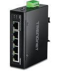 Industrial 5-Port Fast Ethernet DIN Rail Switch with 10/100 Mbps ports shown with IP50 rugged design and green terminal block