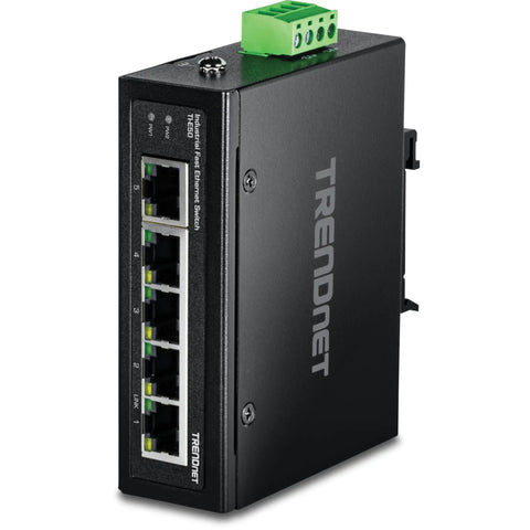 Industrial 5-Port Fast Ethernet DIN Rail Switch with 10/100 Mbps ports shown with IP50 rugged design and green terminal block