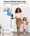 Slick Fingerprint Smart Lock With Smooth Keyless Entry, AI Self Learning Handle Set, App Pin Code And Key Fob Access shown on a front door with family entering.