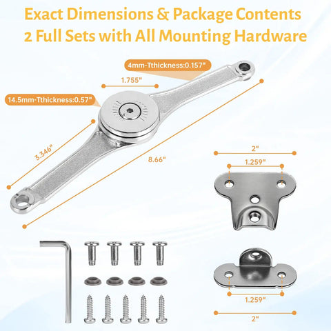 Heavy Duty Mechanical Lid Stay Hinge 110-Degree Adjustable Soft Close Built Tough for Cabinet Doors, Toy Chests, Wooden Boxes. Display of hinge with dimensions and hardware included. Zinc alloy kit 2 pack.