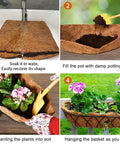 Four-step process of using Three Pack 30 Inch Coco Liners For Planters Pre Formed Coir Liners Fit Window Boxes Fence Baskets And Garden Pots Durable Coconut Fiber Replacement For Easy Planting, including soaking, filling with soil, planting, and hanging on a fence.