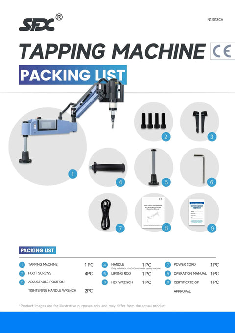 Heavy Duty Electric Tapping Machine Universal Tapping Arm For M4 To M24 Holes packing list with included parts and accessories.