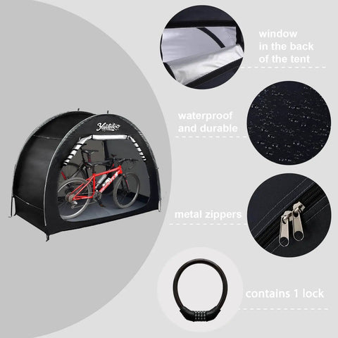 6.6Ft Waterproof Bike Storage Shed Tent For 2 Bikes, No Fuss Easy Setup Outdoor Portable Bicycle Shelter With Window, 210D Oxford Fabric, PU4000 Weatherproof, Black with bikes inside, window showing detail and lock included.