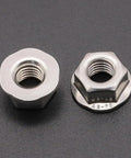 Tough As Nails 50 Pack M6 Flange Nuts With Smooth Washer Head Premium 304 Stainless Steel on black background.