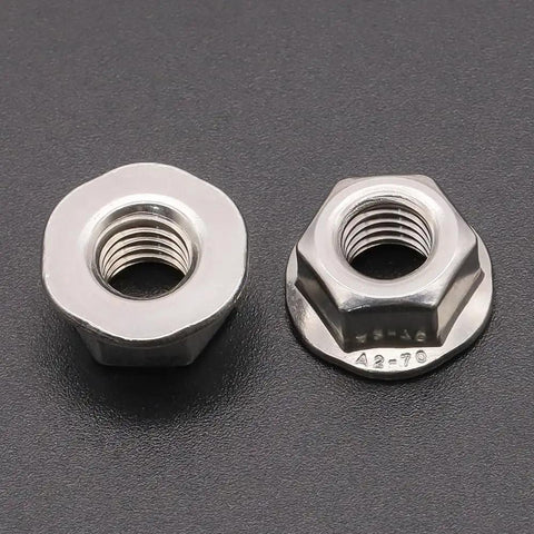 Tough As Nails 50 Pack M6 Flange Nuts With Smooth Washer Head Premium 304 Stainless Steel on black background.
