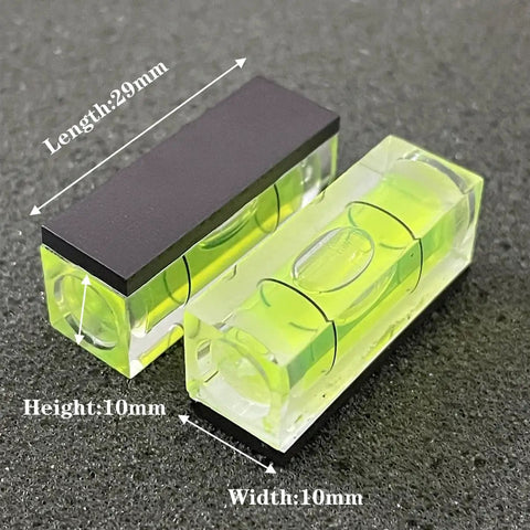 Image of Six Pack Mini Magnetic Bubble Level Kit Sleek Acrylic Build With Neon Vials Always Dead On For Quick Measurements Folds Inside Tool Bags, showing sizes 10x10x29mm.