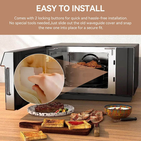 Open microwave showing installation of grease and moisture shield waveguide cover for GE microwaves, easy to snap-in, with food in view.