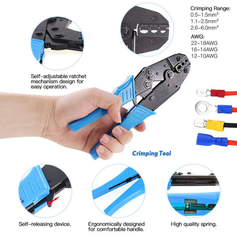 Hand holding All-In-One Pro-Grade Self-Adjusting Ratchet Wire Crimp Pliers Set With AWG 22-10 Range and wire stripper close-up