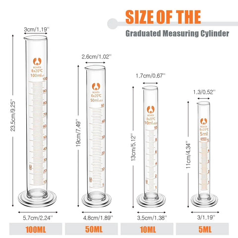 Thick Borosilicate Glass Beaker Set With Graduated Cylinders And Stirring Rods For Science Lab Gear 50 100 250 500 1000 Milliliters Beakers And 5 10 50 100 Milliliters Cylinders showing dimensions and sizes in milliliters
