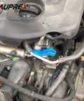 Blue tool from 11 Piece AC And Fuel Line Disconnect Tool Set For Ford And More in use on vehicle engine line.