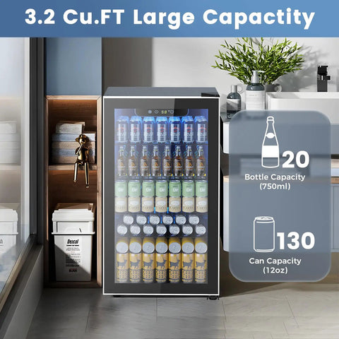 3.2 Cu Ft Beverage Refrigerator With Adjustable Temperature Control, 130 Can Capacity For Soda Beer And Wine, interior view