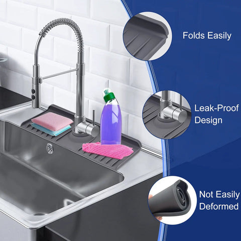 Sink Splash Guard And Silicone Faucet Mat For Kitchen And Bathroom Water Absorbent Drip Catcher Stays Put Gray Finish